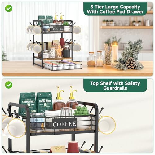 EsLuker.ly Coffee Bar Organizer Station Shelf Mug Holder, with 12 Hooks - color: Wood Brown+Black