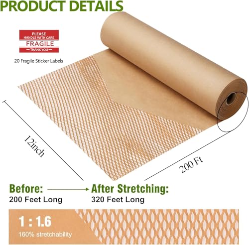 Honeycomb Packing Paper, 12" x 200 ft, Bubble Wrap Alternative - color: Brown, size: 12 Inch x 200 Feet