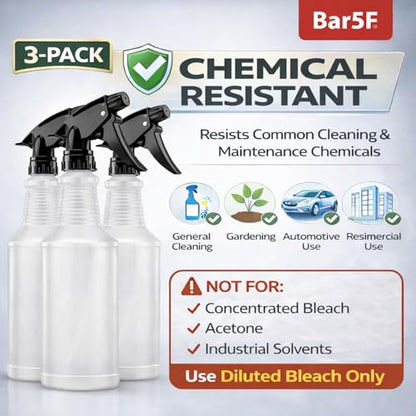 Bar5F 24 oz Empty Spray Bottles, Chemical-Resistant, Made in USA, 3-Pack