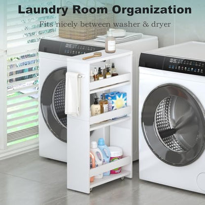 MARTY Slim Rolling Storage Cart, Wood Utility Kitchen Bathroom Laundry Cart - color: White, size: 5.51"D x 15.75"W x 31.5"H