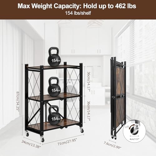 3 Tier Folding Shelf with Wheels, Wood and Metal Bookshelf - color: Brown Wooden, size: 3 Tier
