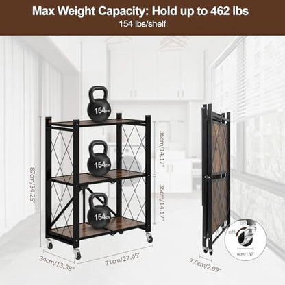3 Tier Folding Shelf with Wheels, Wood and Metal Bookshelf - color: Brown Wooden, size: 3 Tier