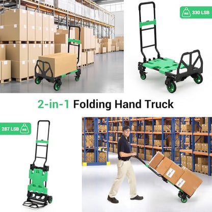 GarveeHome 2-in-1 Folding Hand Truck with Foldable Basket, 330 LB Dolly Cart with 2 Bungee Rope, Convertible Folding Hand Cart with 4 Wheels and Retractable Handle for Luggage, Travel, Moving, Office