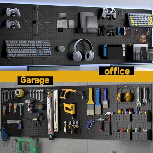 Peg Board, 4-pcs 16" x 12" Metal Pegboard Panels with 70 Hooks, Tool Organizer for Garage, Craft Room, Black
