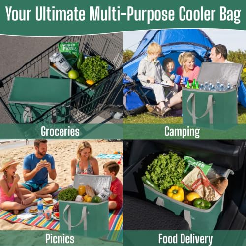 VENO 2 Pack Cooler Bag Insulated Grocery Bags for Food Delivery Heavy Duty - color: Dark Green, size: 2 Pack