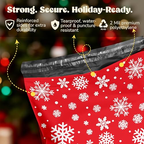 Shop4Mailers Christmas Poly Mailers 10x13 Inch – 100 Pack Snowflake Waterproof Shipping Bags for Small Business, 2 Mil Self-Seal Mailing Envelopes, Durable Red Poly Mailers for Holiday Packaging - size: 100 Pack