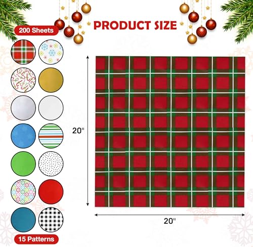 Gift Boutique Christmas Tissue Paper Bulk 200 Sheets 20"x20" 16 Holiday Designs Solid and Metallic Colors for Wrapping Gifts Boxes and Wine Bottles