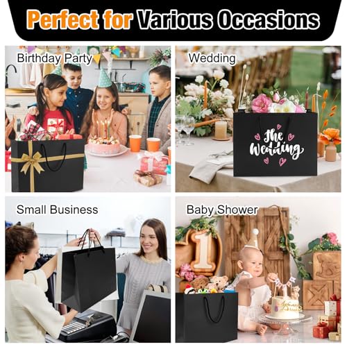 MUIIGOOD Gift Bags With Handles Paper Gags Medium Bulk For Party Shopping Birthday Wedding (3Pcs Black-35 * 26 * 13cm)