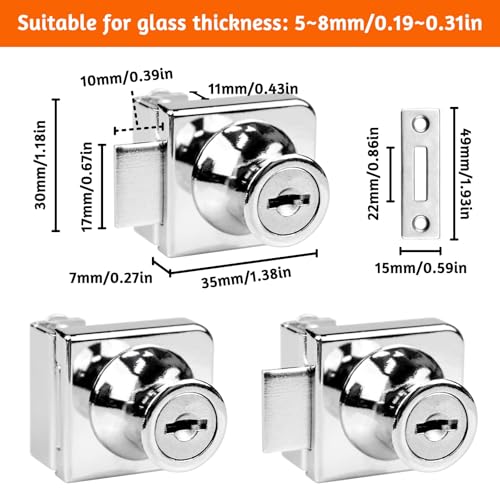 2 Pack Glass Cabinet Lock Single Glass Door Locks Display Cabinet Replacement Locks for 5-8mm Glass Door Separate Key Without Drilling, Zinc Alloy (with 4 Keys)
