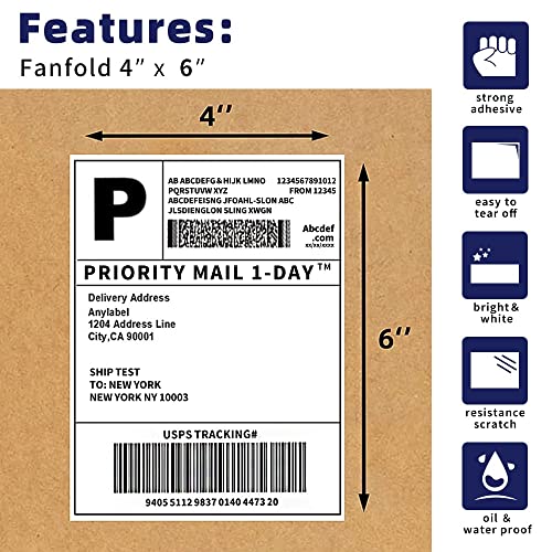 POLYSELLS 2 Stacks 4000pcs 4x6 Direct Thermal Shipping Labels White Perforated Fanfold Lables, 2000 Labels per Stack - Commercial Grade - style: 2 Stacks I 4000 Labels