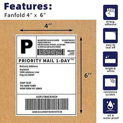 POLYSELLS 2 Stacks 4000pcs 4x6 Direct Thermal Shipping Labels White Perforated Fanfold Lables, 2000 Labels per Stack - Commercial Grade - style: 2 Stacks I 4000 Labels