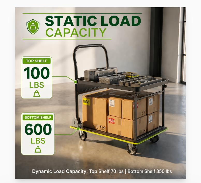 2 Tier Foldable Flatbed Cart, Push Cart Dolly, Removable Top Shelf