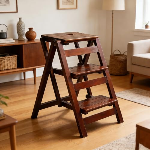 3-Step Wooden Folding Step Stool – Solid Pine Frame, Non-Slip Steps, Anti-Scratch Base, 337lb Capacity – No Assembly Required, Space-Saving for Kitchen & Home – Walnut (Dark Walnut) - color: Dark Walnut