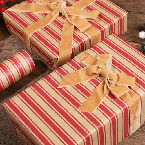 LaRibbons Kraft Christmas Wrapping Paper, Red Candy Cane Stripe Design - color: Red Stripe, size: 17 Inch x 33 Feet-1Roll