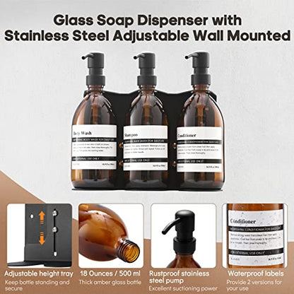Glass No-Drill Wall Mounted Shower Soap/Hand Soap Dispenser with Adjustable Stainless Steel Holder for Bathroom and Kitchen-(Black 3 Chamber) - color: Stainless Steel
