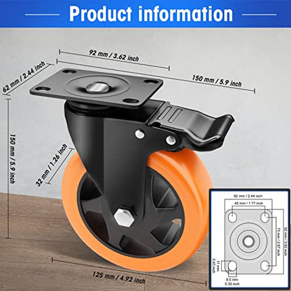 5" Swivel Plate Casters, 1400Lbs Capacity with Brake - color: Orange, size: 5 Inch