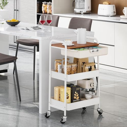 TOOLF 3 Tier Rolling Cart with Drawer, Metal Utility Storage Cart, White - color: White