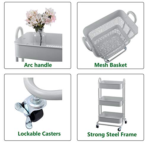 Melody House 3-Tier Metal Mesh Utility Rolling Cart Storage Organization Cart with Wheels, Light Gray - color: A-light Gray