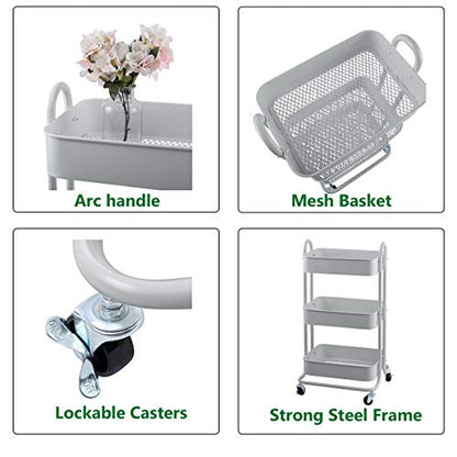 Melody House 3-Tier Metal Mesh Utility Rolling Cart Storage Organization Cart with Wheels, Light Gray - color: A-light Gray