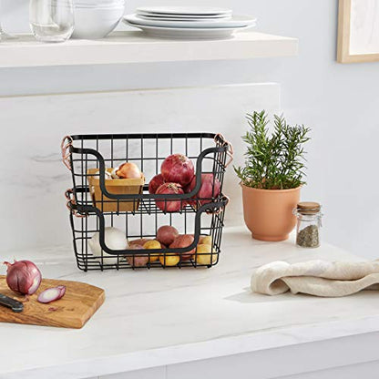 Amazon Basics Stackable Metal Wire Rectangular Storage Baskets for Kitchen, Bathroom or Pantry Organizing, 2 Count, Black - size: (Pack of 1)