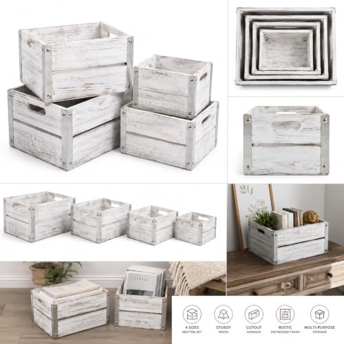 Oojami 4 Pack Distressed White Wood Crates Rustic Nesting Storage Boxes - color: Distressed White
