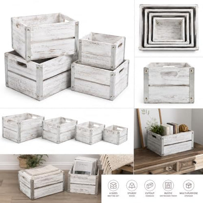 Oojami 4 Pack Distressed White Wood Crates Rustic Nesting Storage Boxes - color: Distressed White