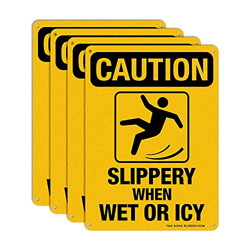 Slippery When Wet Or ICY Sign, Caution Sign, 4 Pack, 10" x 7" Rust Free .040 Aluminum, UV Protected, Waterproof, Weatherproof and Fade Resistant, 4 Pre-drilled Holes - color: YELLOW - 4 Pack