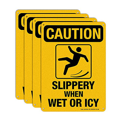 Slippery When Wet Or ICY Sign, Caution Sign, 4 Pack, 10" x 7" Rust Free .040 Aluminum, UV Protected, Waterproof, Weatherproof and Fade Resistant, 4 Pre-drilled Holes - color: YELLOW - 4 Pack