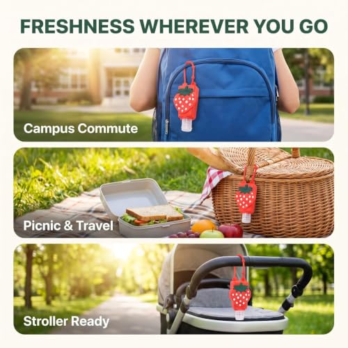 Strawberry Empty Travel Bottle Hand Sanitizer, Refillable Bottle Cosmetic Container for Hand Soap Holder Cosmetic Containers, Silicone Case Keychain Carrier, Pump Dispensers