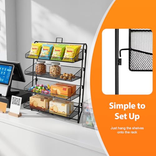 4-Tier Retail Candy Display Rack with Baskets, Metal Snack Organizer, Black, Iron, Modern, 16.14 x 9.84 x 20.27 inches, Countertop, Stable Structure, Retail Store Display