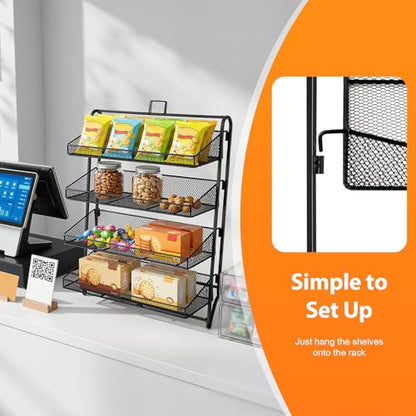 4-Tier Retail Candy Display Rack with Baskets, Metal Snack Organizer, Black, Iron, Modern, 16.14 x 9.84 x 20.27 inches, Countertop, Stable Structure, Retail Store Display