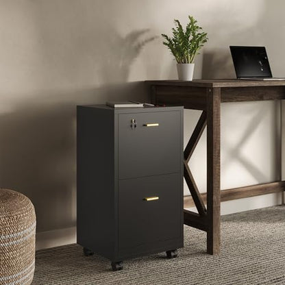 Lavish Home 2-Drawer Wooden File Cabinet with Lock, Black, 16” x 27” - color: Black, style: Gold Hardware