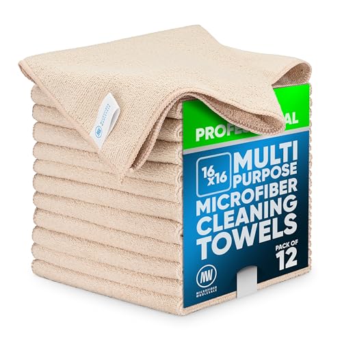 MW Pro Microfiber Cleaning Cloth | Sand | 12 Pack | 16” x 16” | All Purpose Microfiber Towels - Clean, Dust, Polish, Scrub, Absorbent - color: Sand