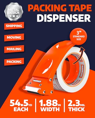 Clear Packing Tape with Dispenser 1.88 inch - Metal Strong & Durable Heavy Duty Packing Tape with Dispenser - Strong Strapping Tape with Dispenser Easy Tear & Seal - 1 Roll / 1 Dispenser / 54.5 Yards - size: 54.5 yd