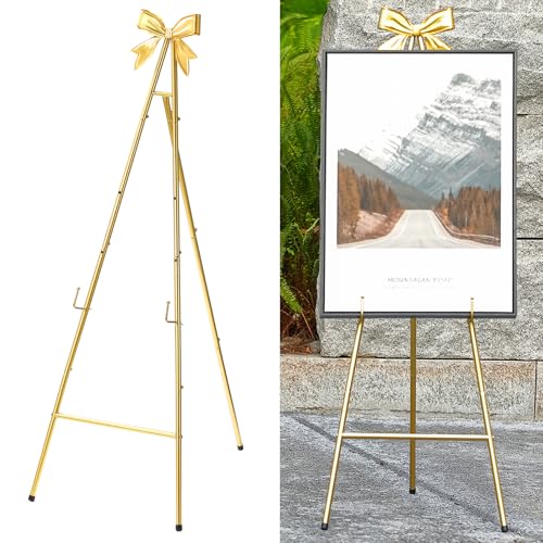 53”H Metal Gold Easel Stand for Sign Heavy Duty with Bow Top - color: Golden bow top