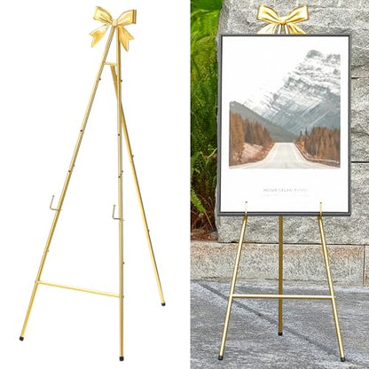 53”H Metal Gold Easel Stand for Sign Heavy Duty with Bow Top - color: Golden bow top