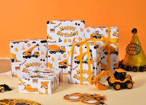 Sikiweiter Construction Truck Birthday Wrapping Paper Roll - Yellow Trucks, Cones, and Balloons Design - 17 inch x 16.5 feet(Construction) - color: Construction
