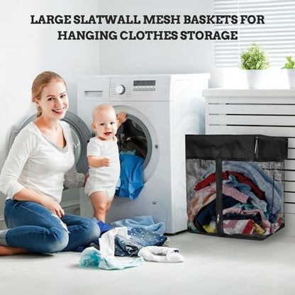 Large Mesh Slatwall Baskets 2 Sets, 16x16x12 Inch Slat Wall Mesh Baskets with 4 Hooks, 48L Mounted Hanging Slatwall Basket for Shop Garage Gym Toy Display Storage Panel Accessories