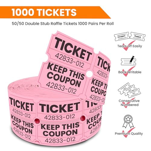 PM Company 2000 Pcs (1000 Pairs) Raffle Tickets Double Roll, 50/50 Pink - color: Pink