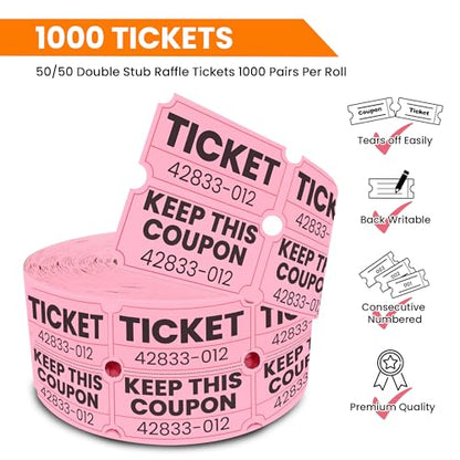 PM Company 2000 Pcs (1000 Pairs) Raffle Tickets Double Roll, 50/50 Pink - color: Pink
