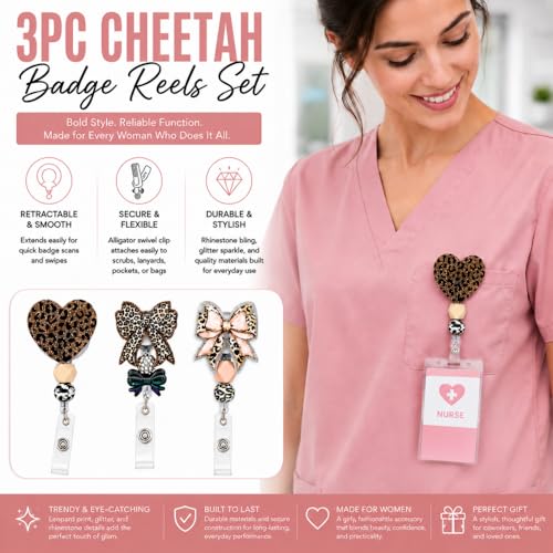 3PC Cheetah Badge Reels Lanyard Accessories Glitter Cute Women Bow Nurse Retractable Holder Clip ID Leopard Print Name Nursing Alligator Swivel Rhinestone Bling Decorative Girly Aesthetic Bengals - style: Cheetah Leopard Print
