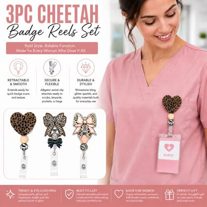 3PC Cheetah Badge Reels Lanyard Accessories Glitter Cute Women Bow Nurse Retractable Holder Clip ID Leopard Print Name Nursing Alligator Swivel Rhinestone Bling Decorative Girly Aesthetic Bengals - style: Cheetah Leopard Print