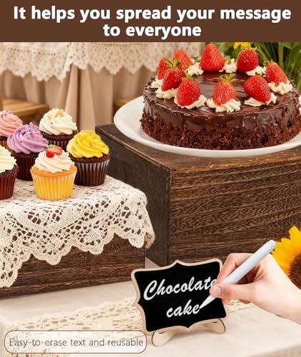 6 Pack Square Wooden Display Risers, Rustic Buffet Food Stands with Cards & Pens