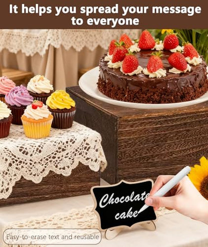 6 Pack Square Wooden Display Risers, Rustic Buffet Food Stands with Cards & Pens