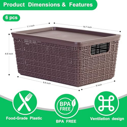 6 Pack Plastic Storage Baskets with Lid,Brown Stackable Bins - color: Brown