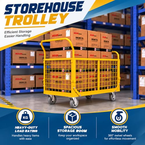 Platform Truck with Cage,5-in-1 Collapsible Heavy-Duty Push Cart Dolly Load 1800 LB,Large Flatbed Hand Truck for Grocery/Laundry/Stall/Storage - color: Yellow