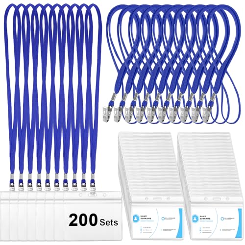 Marspark 200 Sets 4"x3" Name Badge Holder with Lanyard Bulk, Blue - color: Blue