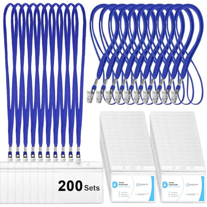 Marspark 200 Sets 4"x3" Name Badge Holder with Lanyard Bulk, Blue - color: Blue