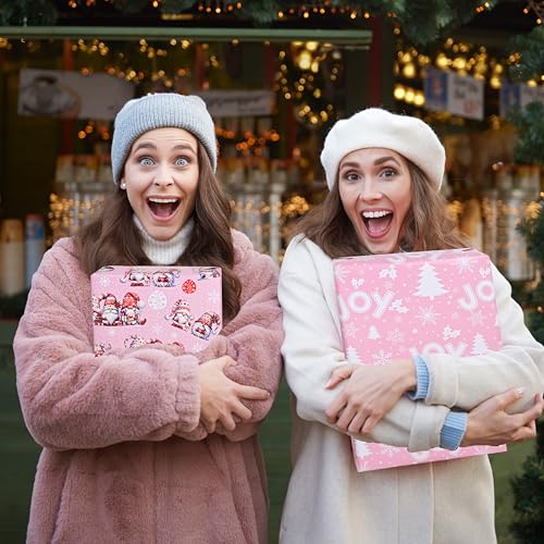 Dtiafu Reversible Gnome Wrapping Paper Roll Red Gnome and Joy Lettering Design Gift Wrap Sheets for Holiday Winter Party Packing Supplies - Total 28.5sq.ft - color: Pink Gnome