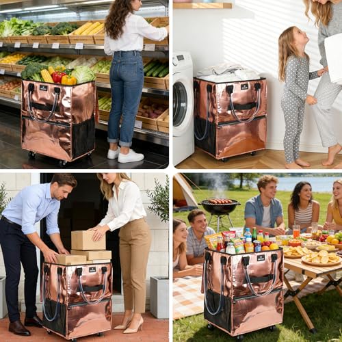 Large Reusable Grocery Bag On 5 Wheels, 130L Foldable Rolling Tote Bag - color: Rose Gold, size: Large